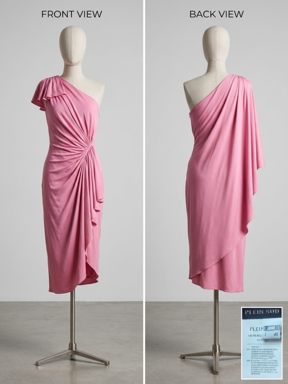 Plein Sud One-Shoulder Pink Ruched Midi Dress-Size 00- 100% silk